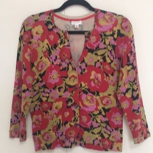 Isaac Mizrahi Silk Blend Button Up Knit Floral 3/4 Sleeve Dress Up Or Down Top